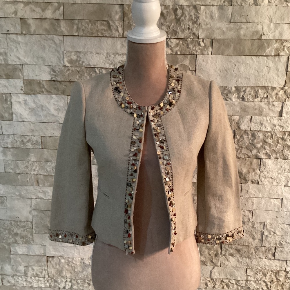 BCBGMAXAZRIA "Gemma" 3/4-sleeve beaded linen jacket